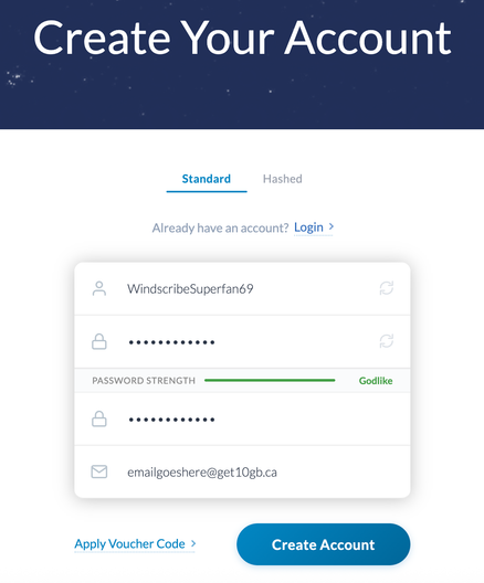 Account creation page