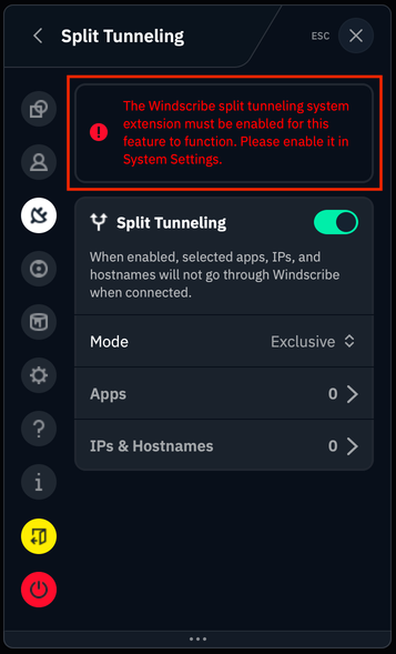 Enable Split Tunnel Extension warning
